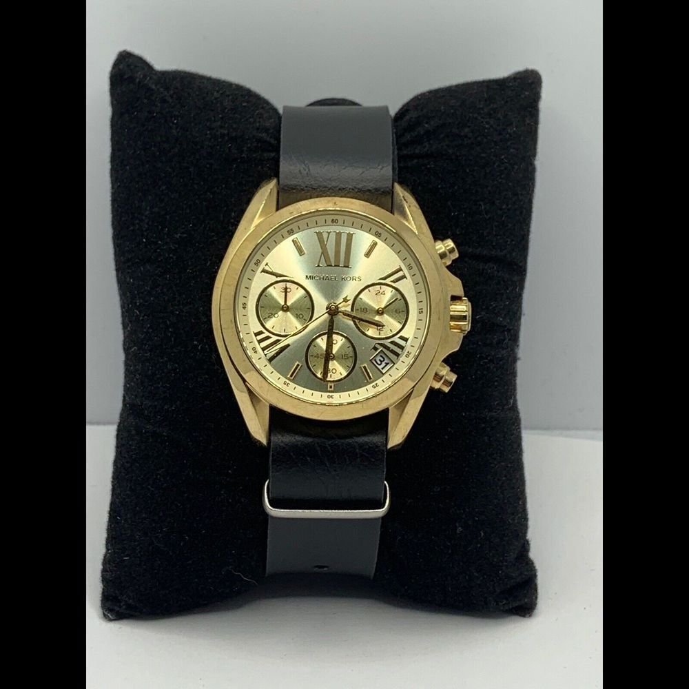 Michael Kors MK5798 Women's Black Leather Analog Gold Dial Genuine Watch JD193